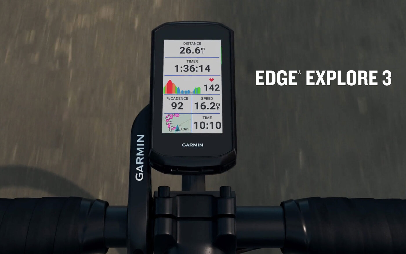 Garmin Edge Explore 3 fixé sur un cintre de vélo